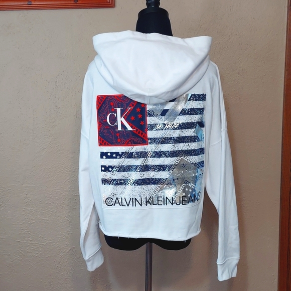 NWT Women's Calvin Klein Patriotic Crop Terry Cotton Hoodie - Picture 5 of 10